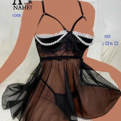 لباس خواب توری مرواریدی فنردار Anahel کد 7072 - لارج