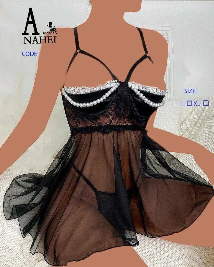 لباس خواب توری مرواریدی فنردار Anahel کد 7072 - تصویر 2