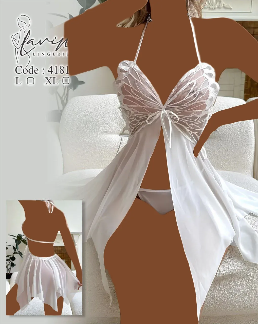 لباس خواب توری پروانه ای جلو باز Lavin کد 4181 - تصویر 2