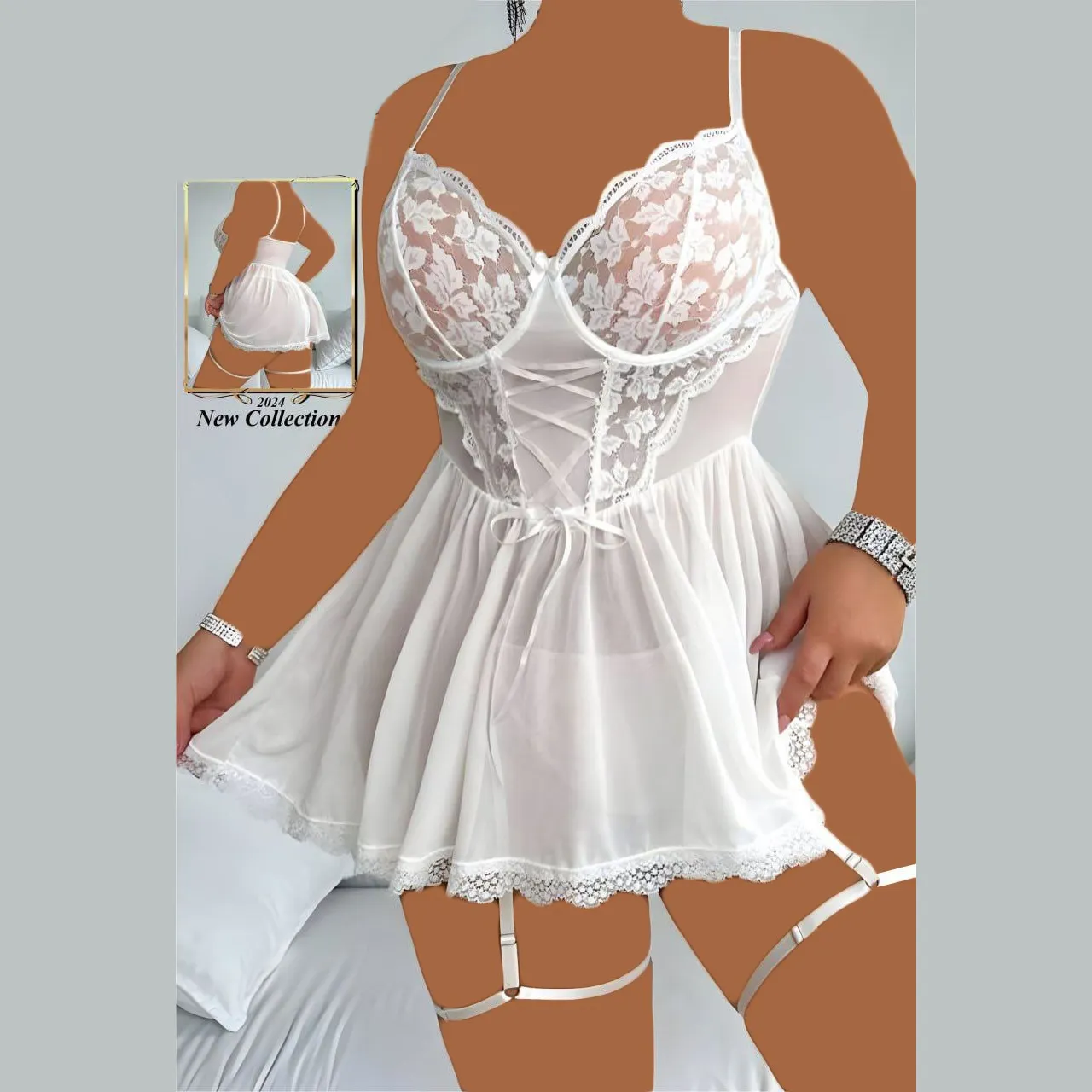 لباس خواب تور و دانتل دامنی فنردار سایز بزرگ Violetta کد 2057 - تصویر 2
