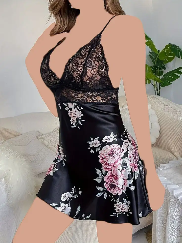 لباس خواب ساتن و دانتل Queen کد 2070 - تصویر 2