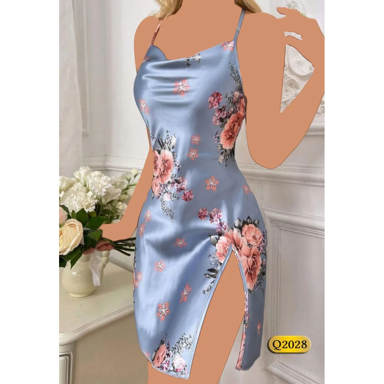 لباس خواب ساتن کنار باز یقه دراپه Queen کد Q2028 - تصویر 7
